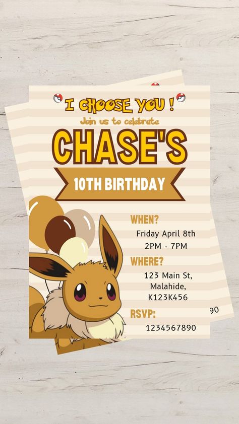 Eevee Birthday Party, Eevee Party, Eevee Birthday, Pokemon Birthday Invites, Pokemon Printables, Pokemon Invitations, Pokémon Birthday, Jungle Birthday Party, Pokemon Birthday Party