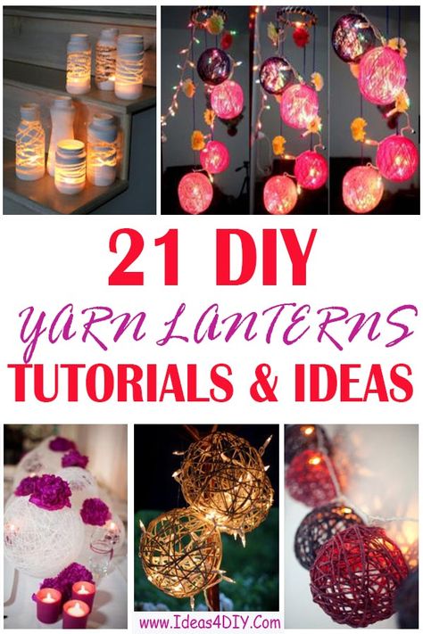 Yarn Lanterns Diy, Paper Mache Lanterns Diy, Diy Lantern Lights, Yarn Lanterns, Twine Lanterns, Things To Make With Yarn, Indian Diy, String Lanterns, Boho Lanterns