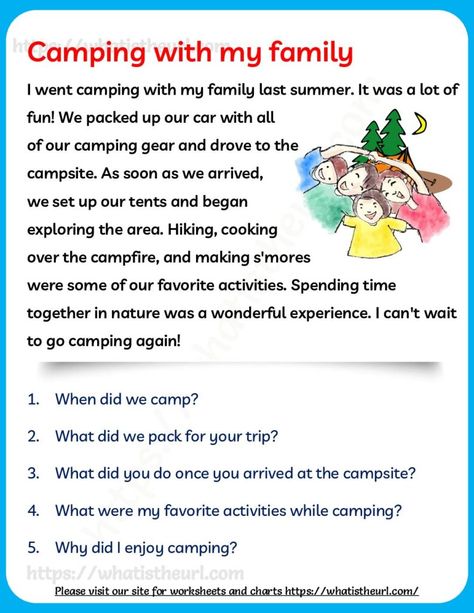 Camping with my Family - Reading Comprehension for Grade 2 - Your Home Teacher Reading Stories For Grade 2 Student, Comprehension For Grade 3 Student, Reading Comprehension For Grade 2, Comprehension For Grade 2, Reading Comprehension Grade 1, Conversation For Kids, English Conversation For Kids, Unseen Passage, Writing Task 1