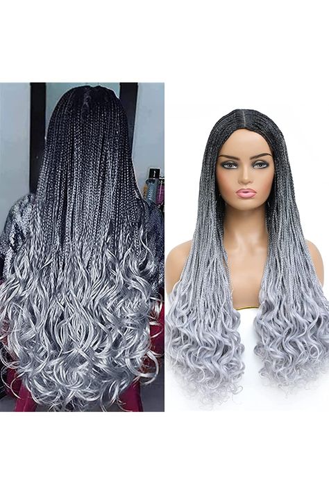 ROSEBONY Braided Wigs Box Braids with Curly Ends Ombre Silver Gray Glueless Wigs Long Braids Wigs for Black Women ¡­ Silver And Black Braids, Silver Braids For Black Women, Silver Hair Braids, Silver Braids, Box Braids With Curly Ends, Hairstyles For White Women, Black To Silver Ombre, Braids With Curly Ends, Back To School Hair