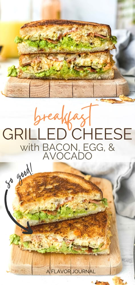 An awesome twist on grilled cheese! This is the ultimate bacon, egg, and cheese sandwich. Made with scrambled eggs, crispy bacon, chunky smashed avocados, and tons of melty cheddar and mozzarella. It's the perfect breakfast or brunch sandwich to make at home! #breakfastgrilledcheese #breakfastsandwich #baconeggandcheese #baconsandwich #cheesesandwich #grilledcheese #breakfastrecipes #breakfastideas #brunchideas #brunchrecipes #hangoverfood #cheesyrecipes #foodfortwo #easyrecipes #sandwiches Grilled Cheese With Avocado, Grilled Cheese With Bacon, Bacon Egg And Cheese Sandwich, Breakfast Grilled Cheese, Avocado Grilled Cheese, Bacon And Egg Breakfast, Bacon And Egg Sandwich, Brunch Sandwich, Grill Breakfast