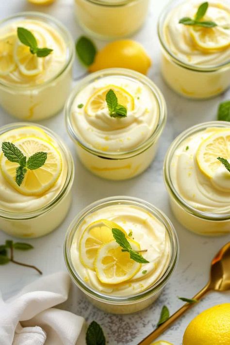 A top-down view of lemon mousse in glass jars, each with a silky surface topped by lemon slices and mint leaves. The jars are spaced on a white surface with subtle shadows, accompanied by fresh lemons and a white cloth, creating a clean and vibrant presentation that exudes freshness. Lemon Dessert Cups, Things To Do With Lemon Curd, Jar Of Lemons Recipes, What To Do With Fresh Lemons, Lemon Curd Dessert Recipes, Lemon Fluff, Lemon Cream Mousse, Lemon Dessert Shooters, Desserts In Jars