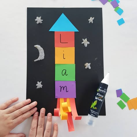 NAME ROCKETS || these cute name rockets are fun to put together, and are a really great way to practise letter recognition and orientation,… Name Rockets Preschool, Rocket Name Craft Preschool, Preschool Rocket, Transport Eyfs, Space Crafts Preschool, Rocket Ship Craft, Kids Bible Object Lessons, Spaceship Craft, School Countdown