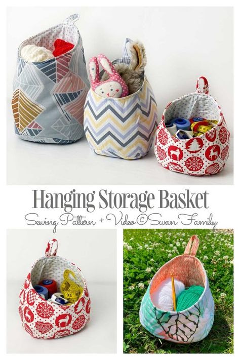 Hanging Baskets Diy, Basket Sewing Pattern, Fabric Art Diy, Fabric Basket Tutorial, Basket Tutorial, Crochet Storage Baskets, Fabric Hanging, Fabric Storage Baskets, Fabric Christmas Ornaments Diy