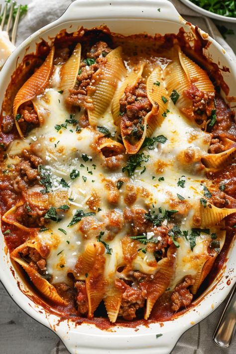 Beef And Cheese Stuffed Shells, Quick Easy Dinner For Two Healthy, Stuffed Shells With Ground Beef Easy, Stuffed Shells With Ground Beef And Cream Cheese, Beef And Ricotta Stuffed Shells, Ground Beef Supper Recipes, Healthy Stuffed Shells Clean Eating, Anniversary Supper Ideas, Stuffed Shells Ground Turkey