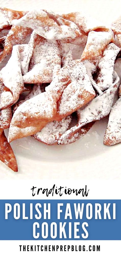 Polish Faworki! Also known as Chrusciki or Angel Wings, these traditional Polish cookies that are typically served as during Carnival time are made by frying dough twists until crisp, then sprinkling with powdered sugar. Polish Kruschiki Recipe, Angel Wings Cookies Polish, Polish Angel Wings-chrusciki, Angel Wings Cookies, Polish Cookies Kolacky, Klochkies Cookies, Polish Cookies Recipes, Pryaniki Cookies, Polish Chrusciki Recipe