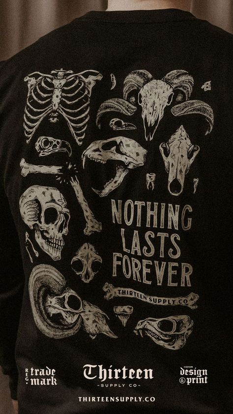 The 'NOTHING LASTS FOREVER' become a staple item for us in the early days, but we retired it as we felt we could improve the design as our illustration and printing improved. Our new V2 of the design is now available, updated to our style but still keeping the same applications as the previous design. Art Inspiration Y2k, Nothing Lasts Forever, Design Brochure, Pola Sulam, Art Clothes, Linocut, T Shirt Design, Vintage Design, Custom Clothes