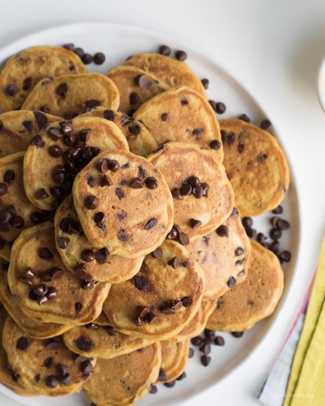 One-Bowl Pumpkin Chocolate Chip Mini Pancakes · i am a food blog i am a food blog Pancake Box, Pumpkin Chocolate Chip Pancakes, Healthy Pumpkin Dessert, Fall Recipes Breakfast, Chocolate Pancakes, Pumpkin Chocolate Chip, Chocolate Chip Pancakes, Mini Pancakes, Hot Cakes