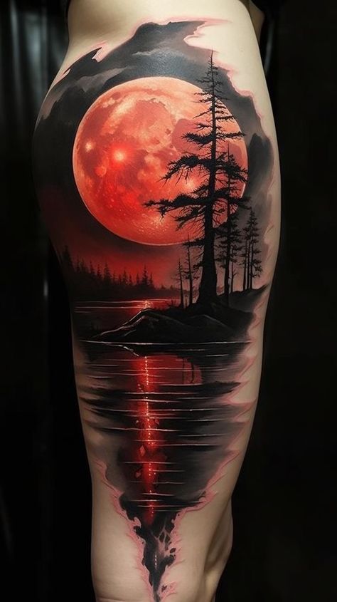 Moon And River Tattoo, Red Moon Tattoo Designs, Moon Color Tattoo, Blood Moon Tattoo, Red Moon Tattoo, Unique Moon Tattoo Ideas, Tattoo Pierna Hombre, Unique Tattoo Sketches, Night Sky Tattoos