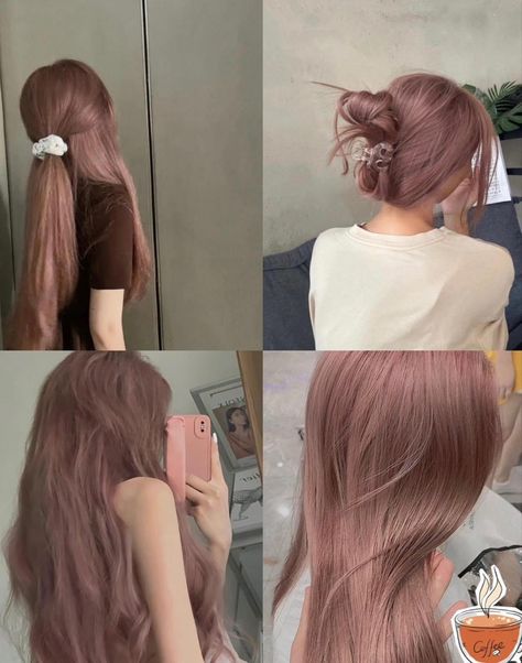 Coquette Hair Color Ideas, Light Color Hair Dye, Hair Colour Ideas Cool Tone, Muted Pink Hair Color, Hair Dye Inspo Natural, Milk Tea Purple Hair, Ashy Rose Hair, Ash Rose Gold Hair, Milk Tea Hair Color Pink