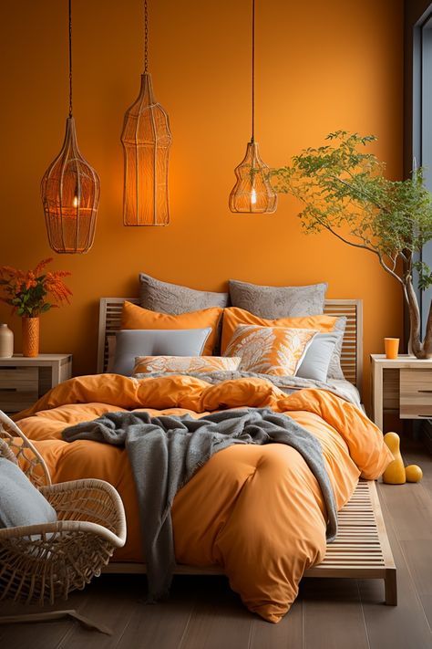 Burnt Yellow Bedroom, Orange Painted Bedroom, Girls Orange Bedroom, Orange Theme Bedroom, Orange House Interior, Bedroom Orange Walls, Orange Yellow Bedroom, Orange Boys Bedroom, Orange Room Ideas