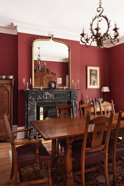 Henley Townhouse | hám Interiors Townhouse Interior Design, Ham Interiors, Red Wall Paint, Red Living Room, Red Dining Room, Townhouse Interior, Red Living, Traditional Dining Rooms, Dining Room Paint