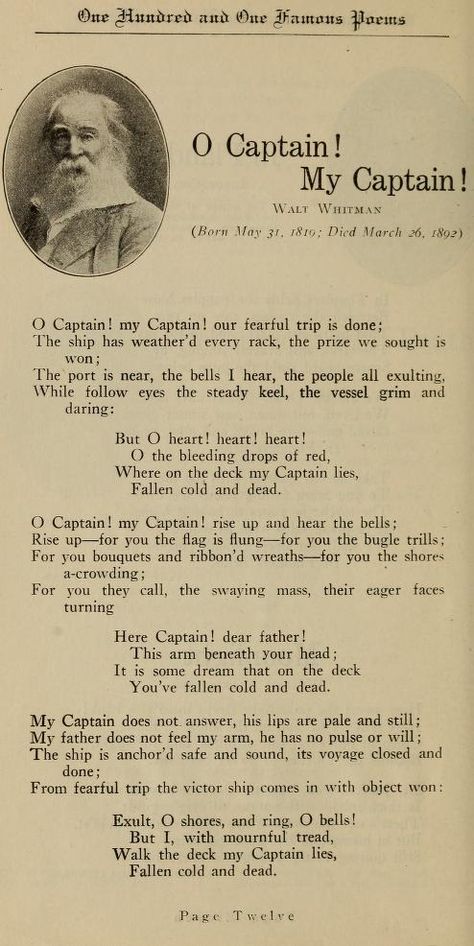 Dead Poet Society, O Captain My Captain, Oh Captain My Captain, Famous Poems, Captain My Captain, Walt Whitman, Dead Poets Society, Literature Quotes, Old Book