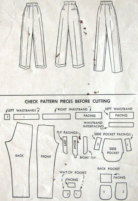 1940s WW2 Vintage Sewing Pattern Waist 38" MENS PANTS TROUSERS (1311) By McCall 7803 - The Vintage Pattern Shop Diy Sy, Patron Vintage, Sew Ins, Pants Sewing Pattern, Diy Fashion Clothing, Sewing Design, 자수 디자인, Diy Sewing Clothes, Clothes Sewing Patterns