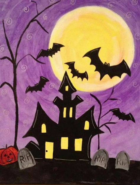 Easy Halloween Paintings For Kids, Halloween Sip And Paint Ideas, Easy Halloween Paintings For Beginners, Scary Halloween Drawings, Easy Halloween Paintings, October Painting, Batgirl Halloween Costume, Halloween Art Lessons, Halloween Canvas Paintings