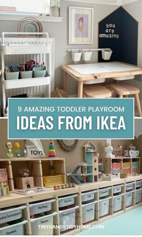 A collage of IKEA playroom design and storage ideas. The text over the image says, "9 Amazing Toddler Playroom Ideas from IKEA". Kallax Montessori Toy Storage, Ikea Playroom Ideas, Toddler Room Storage, Kallax Playroom, Small Kids Playroom, Small Playroom Organization, Functional Playroom, Ikea Kids Storage, Playroom Ikea