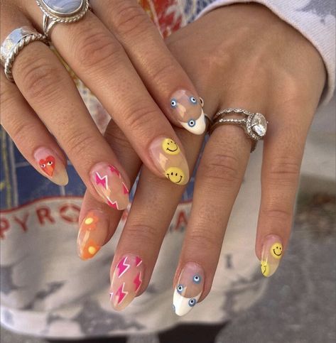 Fun Nail Designs Creative Short, One Hand Design Nails, Random Nail Designs, Smiley Face Nails, Match Nails, Mix Match Nails, Boho Nails, Hippie Nails, Face Nails