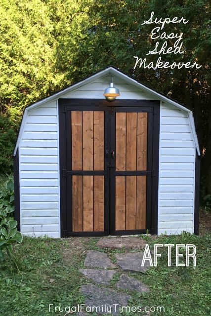 From f'ugly to farmhouse shed makeover on a budget! The projects at our mobile home makeover continue - this time we redo our bizarre shed by giving it new paint and a natural wood look on the doors with an affordable barn style light. A pretty cheap transformation! #howto #diy #shed #outdoorproject #makeover #farmhouse #cottage #cabin Old Shed Makeover, Farmhouse Shed, Farmhouse Sheds, Shed Makeover, Mobile Home Makeover, Easy Home Improvement Projects, Baby Barn, Room Makeovers, Shed Colours