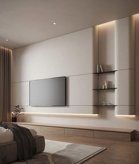 Sleek Tv Unit Design For Bedroom, Minimalist Tv Unit Design, Furniture Moodboard, Tv Kastenwanden, Tv Feature Wall, Ruang Tv, Bedroom Tv Wall, Tv Unit Design Modern, Integrated Lighting