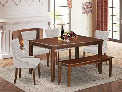 East West Furniture 6Pc Set Includes a Rectangle Dining Table, Four Parson Chairs with Doeskin Fabric and a Bench, Mahogany Finish Small Rectangular Dining Table, Rectangle Dining Room Table, Wooden Dining Table Set, Rectangular Dining Room Table, 3 Piece Dining Set, Solid Wood Dining Set, Dinette Sets, Counter Height Dining Table, Rectangle Dining Table