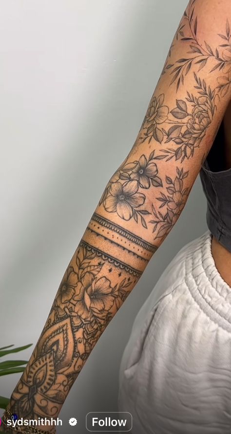 Tattoo Sleeves For Women Minimal, Boho Arm Sleeve Tattoo, Henna Style Tattoo Sleeve, Forearm Bracelet Tattoo Women, Tooled Leather Tattoo Sleeve Women, Women’s Arm Sleeve, Women Half Sleeve Tattoo Classy, Full Arm Sleeve Tattoos For Women, Arm Tattoos For Women Sleeve