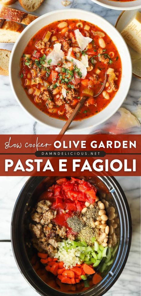 SLOW COOKER OLIVE GARDEN PASTA E FAGIOLI, crockpot, dinner ideas, comfort food, easy main dishes Slow Cooker Pasta Fagioli, Olive Garden Pasta Fagioli, Olive Garden Soup, Olive Garden Pasta, Garden Soup, Garden Pasta, Pasta Fagioli Recipe, Slow Cooker Pasta Recipes, Pasta Fagioli Soup