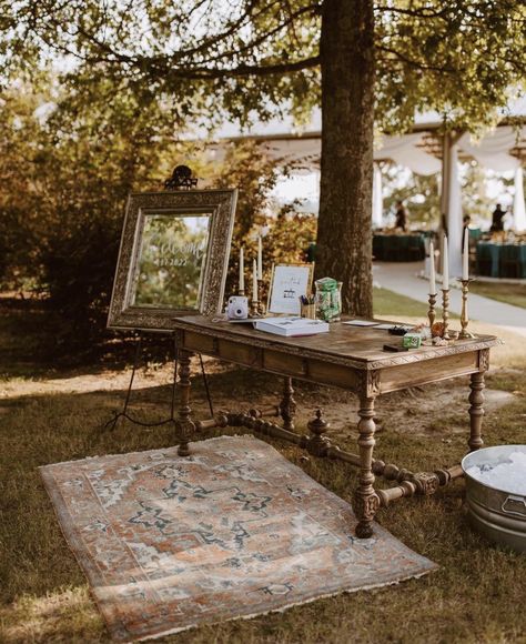 Mismatched Rugs Wedding, What To Thrift For Wedding, Old South Wedding Theme, Small Cabin Wedding Ideas, Outdoor Thrifted Wedding, Antique Boho Wedding, Vintage Micro Wedding, Wedding Ideas Thrifted, Rustic Antique Wedding