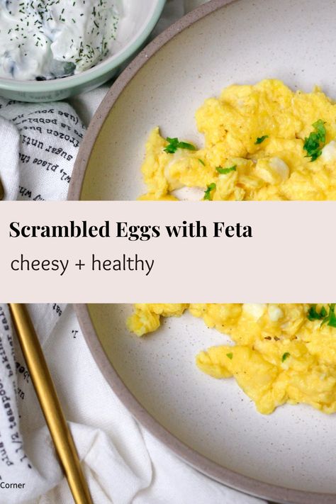 These Cheesy Scrambled Eggs are so fluffy and delicious. They are made with feta cheese and pair well with a veggie salad for a nutritious breakfast. Cheese Eggs Recipe, Cheese Scrambled Eggs, Wellness Corner, Cheesy Scrambled Eggs, Scrambled Eggs With Cheese, Eggs Recipes, Fluffy Scrambled Eggs, Clean Breakfast, Easy Clean Eating Recipes