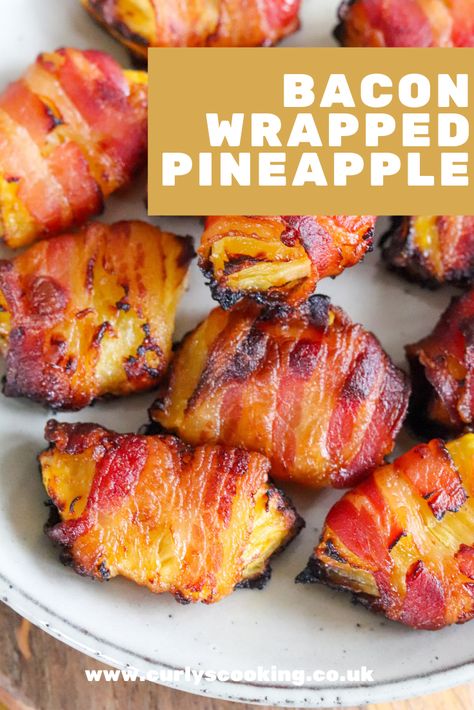 The classic combination of ham and pineapple taken to the next level. Bacon Wrapped Pineapple is bites of delicious salty bacon wrapped in sweet, juicy pineapple. The perfect pineapple snack! Savoury Pineapple Recipes, Pineapple Air Fryer, Recipes Using Pineapple, Breakfast Crostini, Crostini Ideas, 21st Birthday Parties, Pineapple Snack, Hawaiian Wedding Themes, Ham And Pineapple