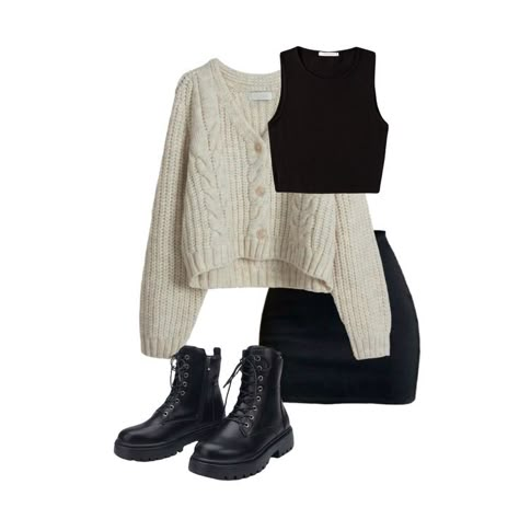 Black Skirt Combat Boots Outfit, Skirt With Combat Boots Outfit, Black Skirt Outfit Midsize, Skirt Combat Boots Outfit, Short Skirt And Boots Outfit, Black Top Outfit Ideas, Spring Outfits With Boots, Short Black Skirt Outfit, Black Combat Boots Outfit