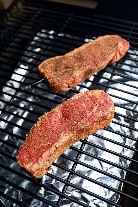 Boneless NY strip steaks smoking on Traeger Pellet Smoker New York Steak Recipe, Ny Strip Steak Recipes, Reverse Sear Steak, Ny Steak, Pit Boss Pellet Grill, Ways To Cook Steak, Strip Steaks, New York Strip Steak, Foods Dinner