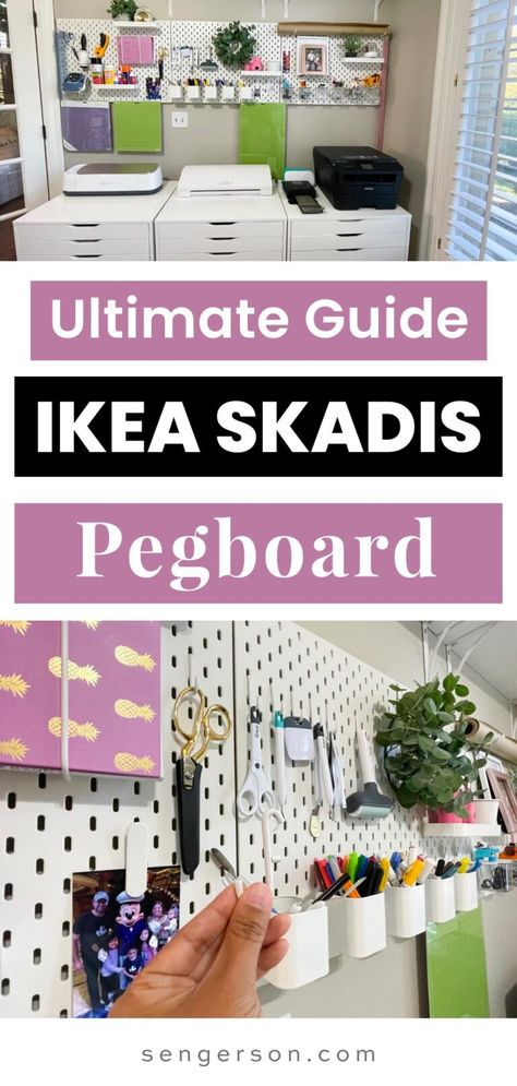 The Ultimate Guide to IKEA Pegboard System - the Skadis Wall Organizer Ikea Pegboard Ideas Office, Pegboard Wall Ideas, Craft Wall Organizer, Desk Wall Organization, Skådis Ikea, Ikea Organisation, Pegboard Craft Room, Office Wall Organization, Skadis Pegboard