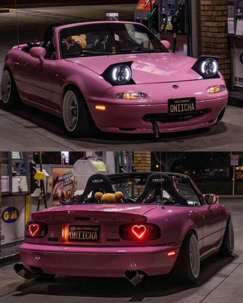 Modded Car Aesthetic, Pink Mx5, Pink Sports Car Aesthetic, Pink Miata Mx5, Cool Cars Aesthetic, Miata Body Kit, Mazda Miata Aesthetic, Pink Sports Cars, Pink Mazda Miata