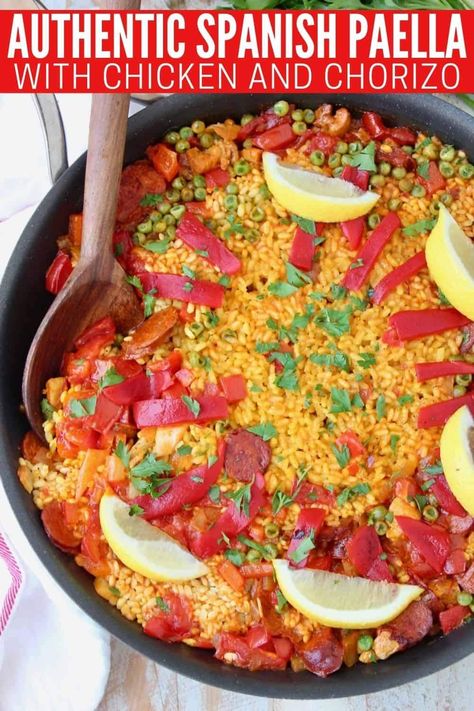 This traditional Spanish paella recipe is filled with spices, chicken, chorizo & peppers to create an incredibly flavorful meal that's surprisingly easy to make in just one pan! Authentic paella from Spain usually includes seafood, but in this recipe, we're trading in the shrimp and clams for chicken thighs and Spanish chorizo. I promise, you won't miss the seafood in this wonderfully flavorful dish. But just in case you do, I've included instructions for how to add your favorite seafood! Paella Chicken And Shrimp, Best Paella Recipe Authentic, Chicken Paella Recipe Easy, Pialla Recipes, Paella Recipe Authentic, Traditional Spanish Paella Recipe, Easy Spanish Paella Recipe, Chicken And Chorizo Paella Recipe, Best Paella Recipe