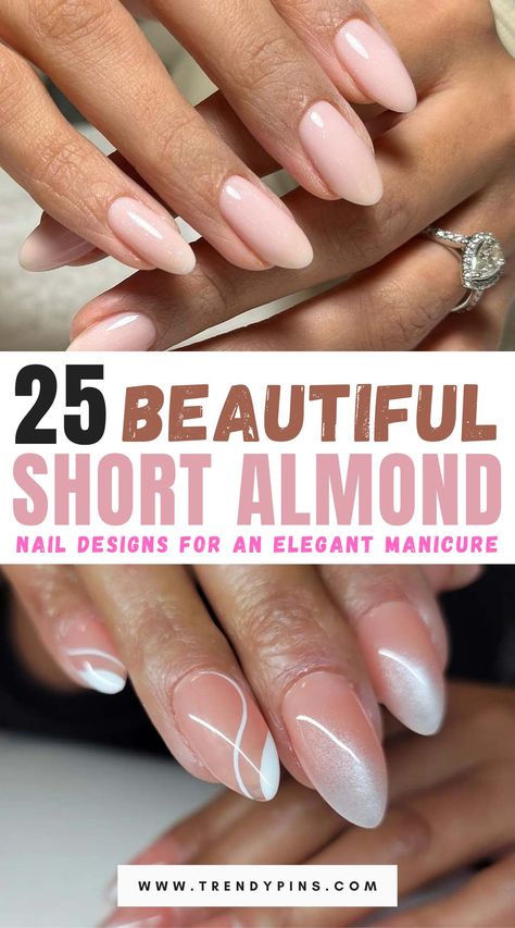 Elegant Nails Almond Classy, Short Almond Oval Nails, French Nails Almond Shape Short, Classy Bridal Nails Almond, Anniversary Nails Ideas Almond, Artist Nails Design, Almond Dip Nail Designs, Short Almond Shape Nail Ideas, Spring Nail Inspo Almond