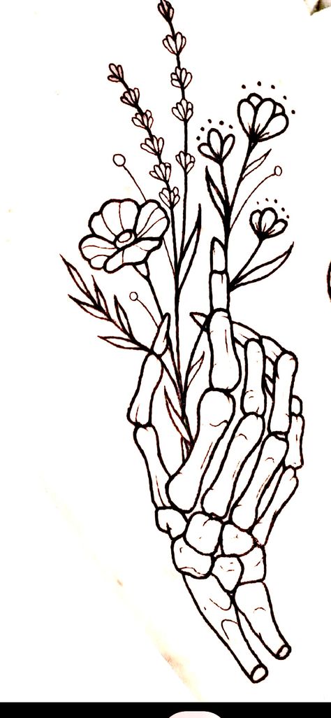 Skulls And Flowers Drawing, Skeleton And Flowers Drawing, Skeletal Hand Holding Flowers, Aged Hand Tattoos, Womens Tattoo Stencils, Wine Bottle Tattoo Design, Skull Hand Holding Flower Tattoo, Cool Plant Tattoos, Spooky Line Art