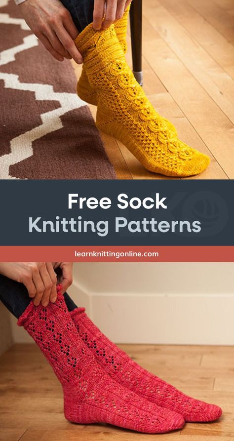 Keep your feet warm this fall season by making a pair of these cozy and stylish knitted socks. We have compiled the lovliest free knit socks patterns from knitted cable socks to knitted lace socks, all of which can be worn lounging around your house or outside under your favorite fall boots. | More free knitting patterns and tutorials at learnknittingonline.com #handmadegifts #fallknittingpatterns #winterknittingpatterns Knit Sock Patterns, Knitted Sock Patterns, Easy Crochet Socks, Cable Socks, Sock Knitting Pattern, Winter Knitting Patterns, Fall Knitting Patterns, Knitting Patterns For Beginners, Crochet Socks Pattern