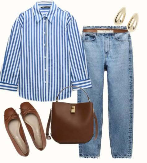 White And Navy Outfits For Women, What To Wear For University, Outfits With Blue And White Stripe Shirt, Old Money Jeans Outfits Women, Blue Shirt Work Outfit Women, White Blue Striped Shirt Outfit, Navy Blue Top Outfit With Jeans, Classic Womens Outfits, Blue And White Striped Button Up Outfit