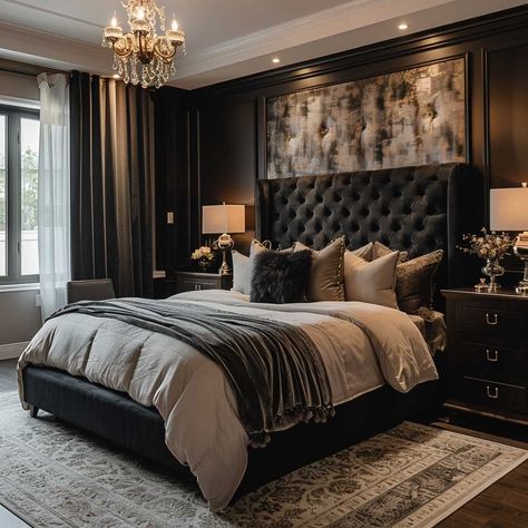 6+ Stunning Black Furniture Bedroom Ideas to Impress • 333+ Art Images Champagne And Black Bedroom Ideas, Rh Style Bedroom, Black Bedroom Design Ideas, Victorian Room Ideas Bedrooms, Black Velvet Bed Frame Bedroom Ideas, Bedroom Inspirations Master Black Headboard, Black Bedroom Bedding Ideas, Dark Headboard Bedroom Ideas, Black And Brown Master Bedrooms Decor