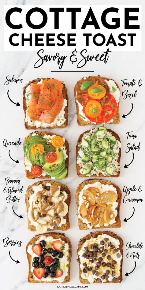 This cottage cheese toast is incredibly versatile. It’s the perfect way to start your day, a protein-packed snack or a quick 5-minute light dinner. Whether you’re craving a sweet or savory treat, you can switch out your toppings to suit you! Fruit, nuts, avocado, tomatoes? You name it, this toast nails it! Cottage Cheese Toast, Healthy High Protein Meals, Cottage Cheese Recipes, Resep Diet, Cheese Toast, High Protein Breakfast, Egg Muffins, God Mat, Light Dinner