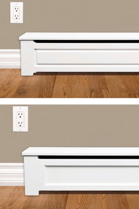 Upgrade Baseboard Heating, Baseboard Heat Cover Ideas, Custom Baseboard Heater Covers, Baseboard Heater Covers Ideas, Base Board Heater Ideas, Wooden Baseboard Heater Covers, Diy Wood Baseboard Heater Covers, How To Make Baseboard Heaters Look Better, Kitchen Cabinets Over Baseboard Heaters