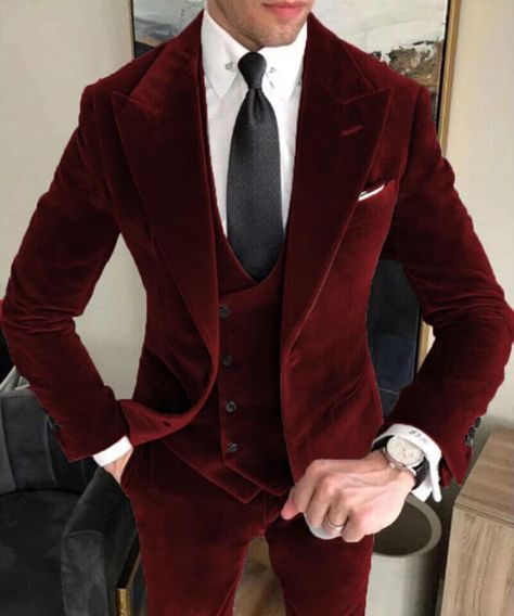 Dark Red Prom Suit, Dark Red Suit Men, Men Prom Outfit, Red Prom Suit, Dark Red Suit, Red Velvet Suit, Red Velvet Jacket, Dark Red Velvet, Gentleman Aesthetic