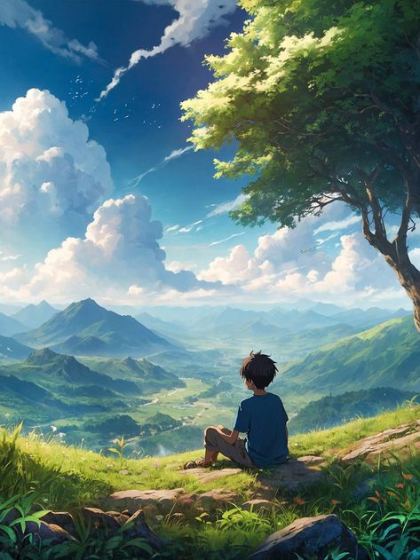 A Little Boy Is Sitting Under A Tree On Mountain#pikbest##Photo Nature Aesthetic Art Drawing, Anime With Nature, Mountain Images Nature, Art Reference Photos Landscape, Little Boy Aesthetic, Aesthetic Nature Pics, Sitting In Nature, Peaceful Mountains, Nature Illustration Art