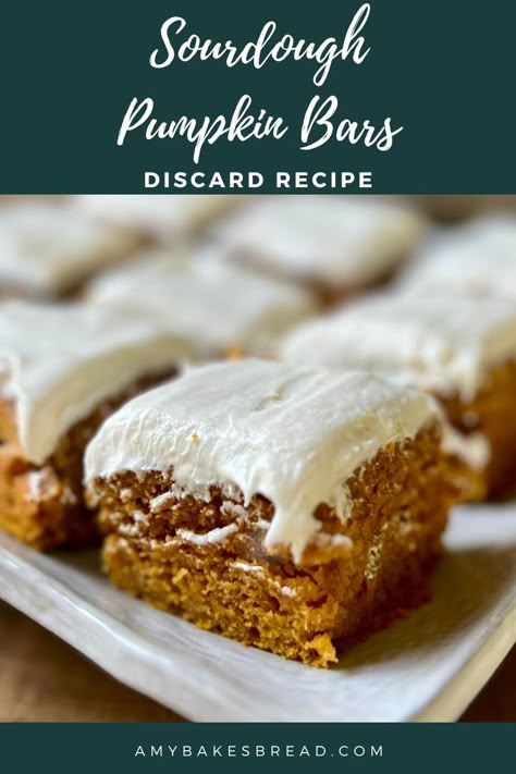 These are the best pumpkin bars with sourdough discard. Not quite cake and not quite bar – but 100% delicious. These pumpkin bars with sourdough discard have a moist pumpkin base and creamy frosting that makes them irresistible. Sourdough Discard Pumpkin, Sourdough Desserts, Sourdough Discard Recipe, Sourdough Starter Discard Recipes, Starter Discard Recipes, Sourdough Pumpkin, Everything Sourdough, Using Sourdough Starter, Recipe Using Sourdough Starter