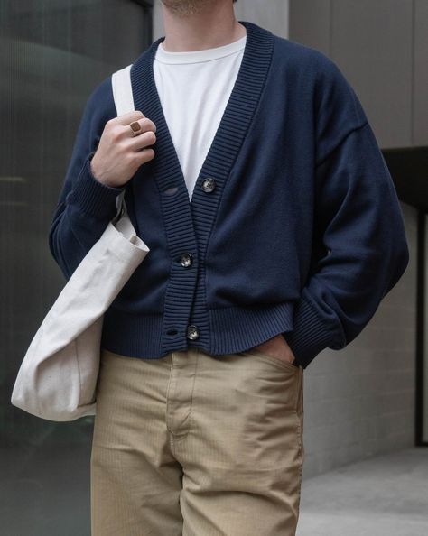 @joshuadaniher styles the Cropped Knit Cardigan and Deadstock Denim Tote. Cropped Cardigan Outfit, Sweater Cardigan Outfit, Cropped Knit Cardigan, Sweater Outfits Men, Cardigan Outfit, Mens Casual Outfits Summer, Lifestyle Content, Mens Casual Dress Outfits, Denim Tote