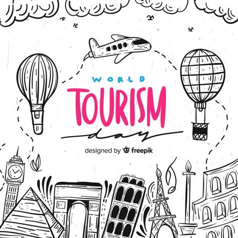 World tourism day lettering background Free Vector Tourism Project Cover Page, Tourism Drawing, Travel Doodle, Heading Design, Lettering Background, Cover Page For Project, Outline Pictures, Geography Project, Tourism Design