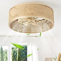 Rattan Flush Mount, Ceiling Fan Low Profile, Caged Ceiling Fan With Light, Flush Ceiling Fans, Beach Rooms, Fan Light Fixtures, Rattan Ceiling, Bedroom Fan, Living Room Ceiling Fan