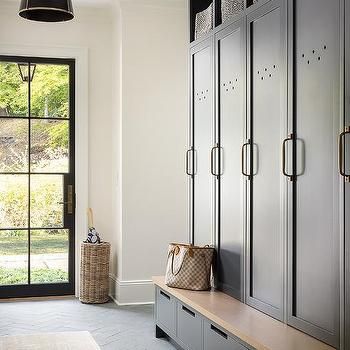 Black Mudroom Door with White Roman Shade - Transitional - Laundry Room Black Mudroom, Dream Mudroom, Brick Herringbone Floor, Mudroom Powder Room, Shoe Drawers, Transitional Laundry Room, Muddy Shoes, Mudroom Remodel, Norfolk House