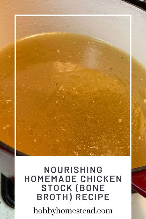 Nourishing Homemade Chicken Stock (Bone Broth) Recipe - Hobby Homestead Chicken Stock Recipe From Bones, Best Chicken Stock Recipe, Home Made Chicken Broth, Chicken Bone Broth Recipe, Make Chicken Broth, Chicken Broth Recipes, Chicken Stock Recipe, Homemade Bone Broth, Homemade Chicken Soup