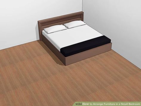 4 Easy Ways to Arrange Furniture in a Small Bedroom - wikiHow Queen Bed In A Small Room, Corner Bed Ideas Queen Small Room, Small Bedroom Layout With King Size Bed, Small Bedroom Layout Ideas Cozy, Arranging Furniture In Small Bedroom, Awkward Room Layout Ideas Bedroom, Queen Beds For Small Rooms, Small Bedroom Big Bed Ideas Layout, Small Bedroom Queen Bed Layout Ideas